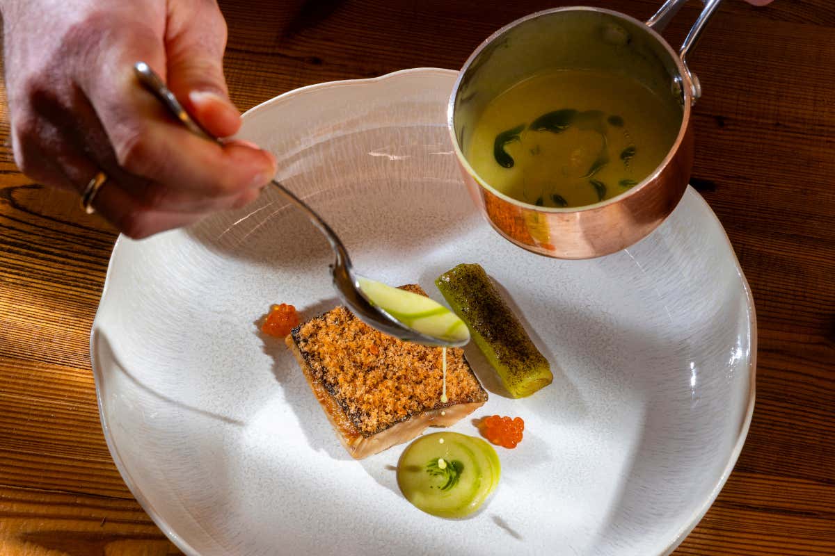 Trota del lago di Dobbiaco finita al barbecue, con la sua bottarga, crema di finocchio, caviale di trota e salsa pil pil